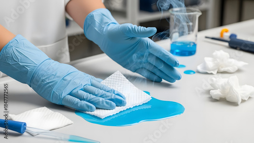 A person wearing blue protective gloves carefully cleans up a spilled blue chemical liquid on a white laboratory workbench with a paper towel, ensuring safet...