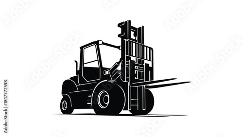 Black silhouette of forklift truck on , industrial vehicle in profile view, Vector isolated on white background