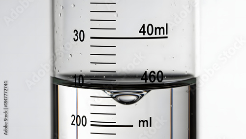 Detailed view of a scientific graduated cylinder containing clear liquid with volume markings.