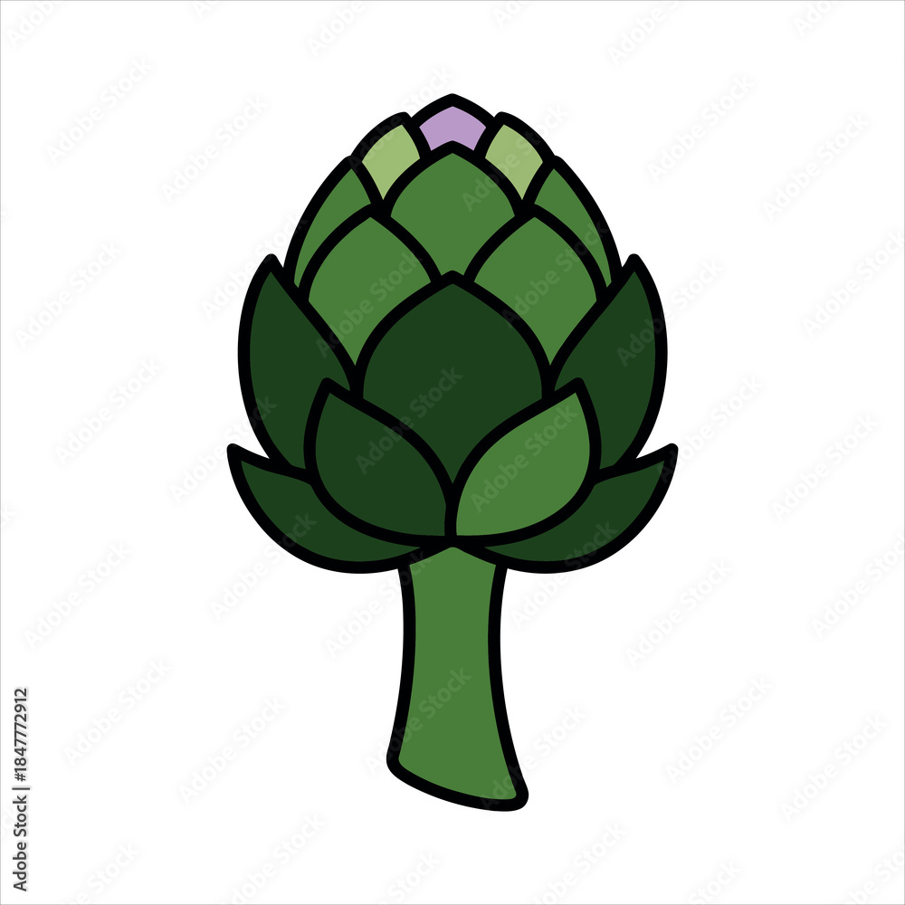Fototapeta premium Vibrant cartoon artichoke illustration with green leaves and a purple tip, perfect for healthy eating, cooking, or garden-themed designs.