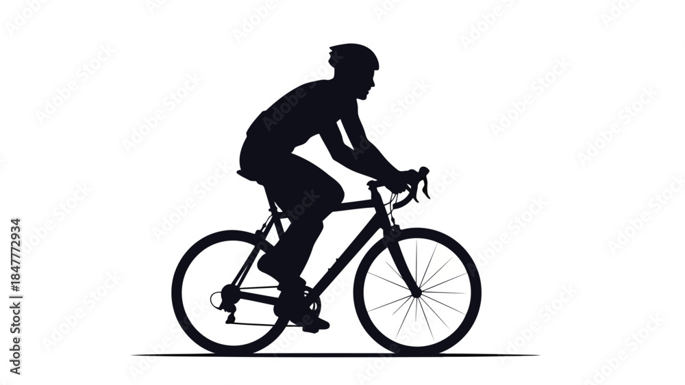 Fototapeta premium Silhouette of a man riding a bicycle in a minimalist black style isolated on white background