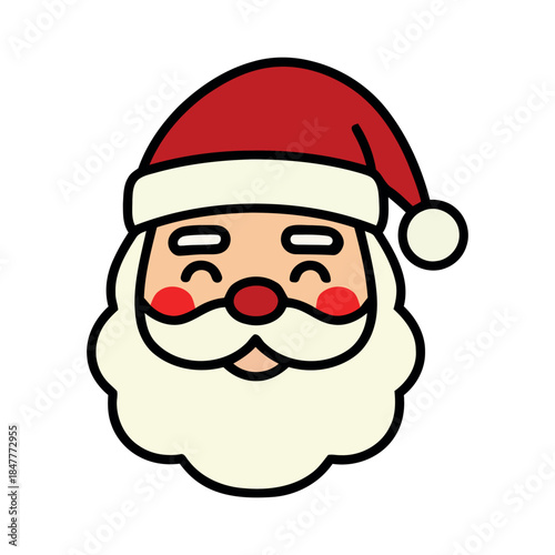 Cute cartoon Santa Claus face icon with red hat, rosy cheeks, and white beard. A cheerful and festive illustration perfect for holiday designs and Christmas themes.