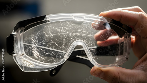 A close-up view of clear, heavily scratched safety goggles being held by a hand, showing significant wear and tear.