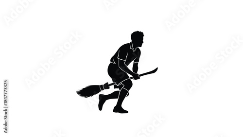 Man riding broomstick silhouette black shadow isolated on white background