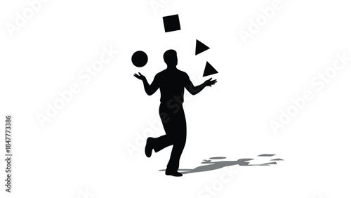 Silhouette of a man juggling shapes in a minimalist vector illustration isolated on white background