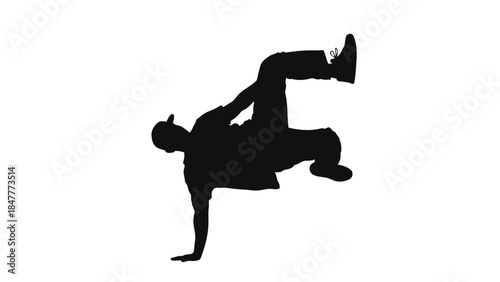 Silhouette of a man breakdancing on one hand with legs in the air isolated on white background
