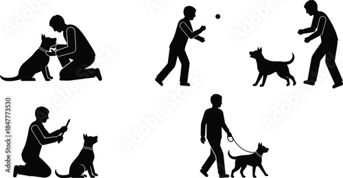 Pet care and interaction icon set, black silhouette illustrations of dog affection, play, grooming, and walking activities graphic