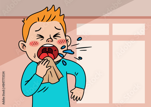 Cute boy with red hair sneezing into a tissue. Health, allergy, and symptom concept for medical illustration. Prevent spread of disease.