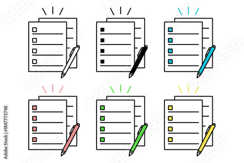 様々な配色が施されたボールペンと提出書類のアイコンセット