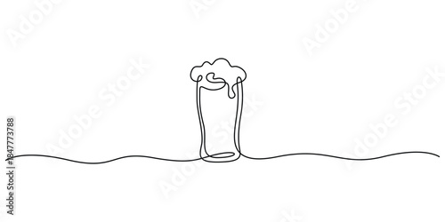 Minimalist illustration of a beer glass with foam drawn in a continuous single line style. New year concepts unbroken black line art vector illustration