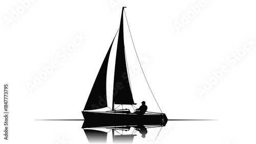 Silhouette of a person sailing on a boat on calm water isolated on white background