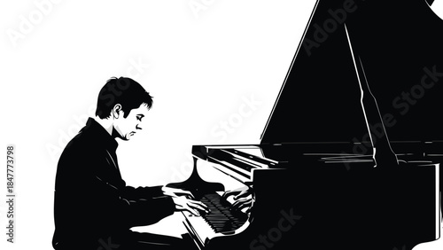Man playing grand piano in silhouette style isolated on white background