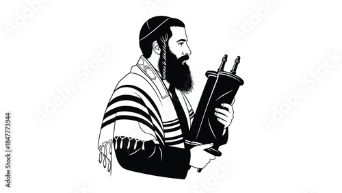 Jewish man reading Torah in traditional prayer shawl vector illustration isolated on white background