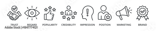Reputation management banner icon with trust, regard, popularity, credibility, impression, position, marketing, brand