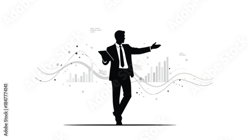 Silhouette of businessman presenting with tablet in suit against with graph and chart isolated on white background