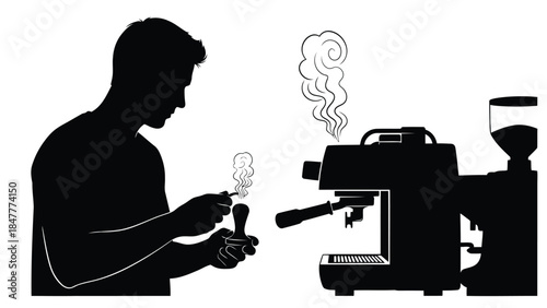 Silhouette of man holding steam wand on espresso machine isolated on white background