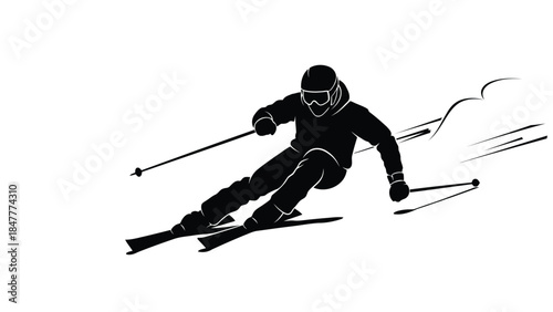 Black silhouette of a skier in motion on snow isolated on white background