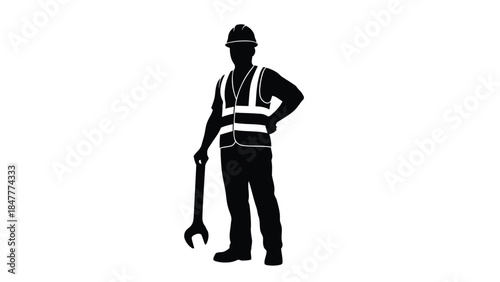 Silhouette of construction worker with wrench standing confidently isolated on white background