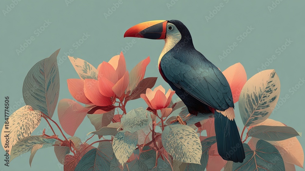 Obraz premium Colorful Toucan Perched on Tropical Flowers Against Soft Background