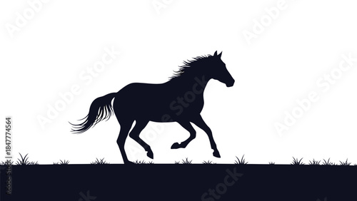 Black silhouette of a horse running in a field isolated on white background