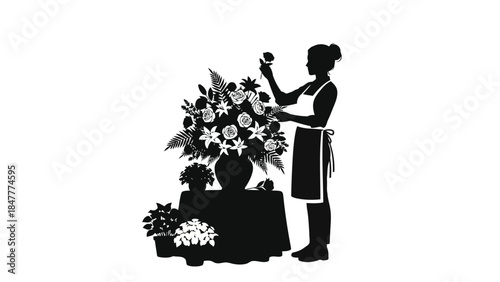 Woman arranging flowers on a table with a large bouquet silhouette isolated on white background