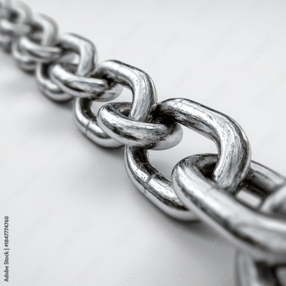 Obraz premium 3D render of a heavy steel chain on a pristine white background with realistic metal texture