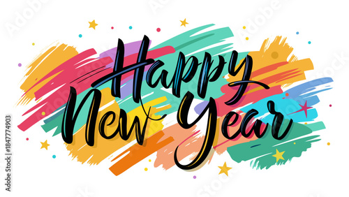 Colorful happy new year calligraphy with abstract paint background