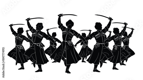 Silhouette of a group of men in traditional Indian attire performing a sword dance isolated on white background