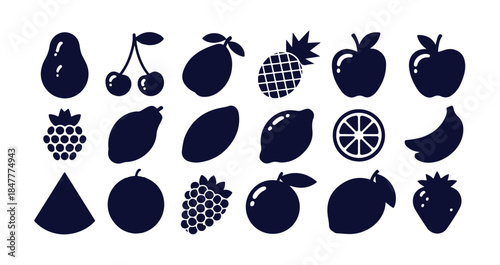 Variety of dark blue fruit icons including pear, cherry, pineapple, apple, raspberry, lemon, and more