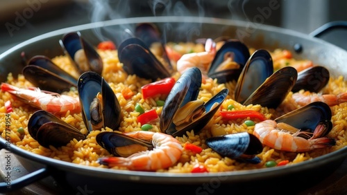 Fototapeta Naklejka Na Ścianę i Meble -  Steaming paella dish with mussels, shrimp, and vegetables, close-up, warm tones