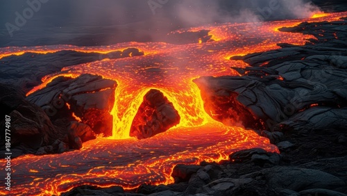 Glowing lava flow on volcanic rock surface at night