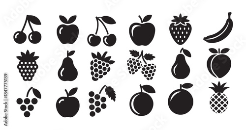 Assorted fruit silhouettes including cherry apple strawberry banana raspberry pear and pineapple for design
