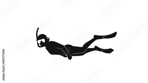 Black silhouette of a scuba diver swimming on a isolated on white background