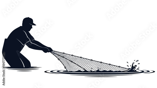 Man silhouette kneeling in water holding fishing net Vector illustration isolated on white background