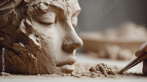 Close-up of sculptors hands shaping clay bust with tools.
