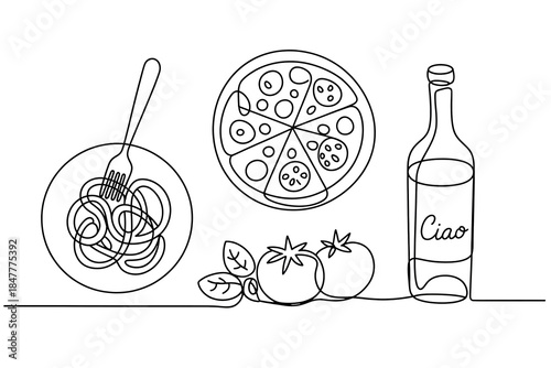One Line Drawing Italian Food Set. Outline Spaghetti plate with fork, Pizza slice, Tomato and Basil cluster, Wine bottle. Transparent background PNG image