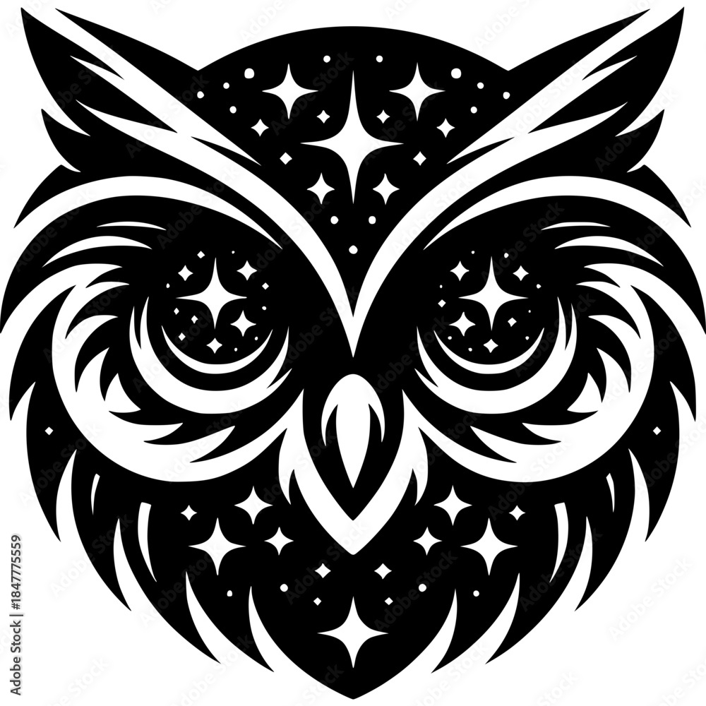 Fototapeta premium Night Owl Celestial Art: A striking illustration of an owl, intricately designed with starry details, capturing the essence of night and mystery.