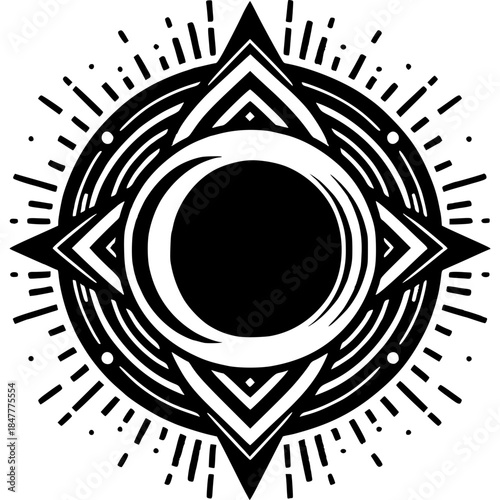 Celestial Harmony: A captivating black and white artistic composition that marries celestial and geometric forms.