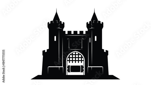 Black silhouette of a medieval castle with towers and gatehouse isolated on white background