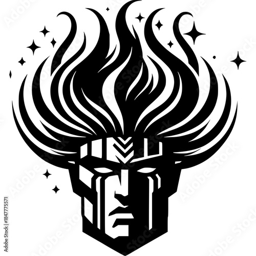 Eternal Flame of Creation: A powerful, stylized depiction of a celestial being. Its face, a study in geometric strength, is crowned with a radiant, fiery halo.