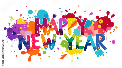 Colorful happy new year calligraphy with abstract paint background