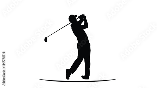 Black silhouette of a man playing golf with a club on a isolated on white background