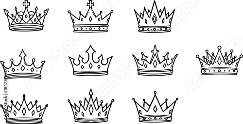Hand drawn collection of royal crown sketches in black ink style featuring various king queen and monarch headwear designs for luxury branding and icons.