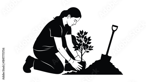 Woman planting a tree with shovel silhouette vector illustration isolated on white background