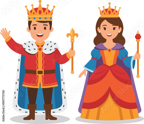 Charming and colorful full-body characters: a royal monarch and his queen wearing elaborate crowns and waving greetings to their subjects.