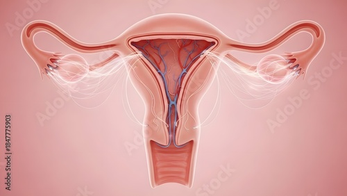 Ultra-detailed 3D medical illustration of the human uterus during the follicular phase of the menstrual cycle, showing thin regenerating endometrium, uterine cavity, blood vessels, and hormonal activi