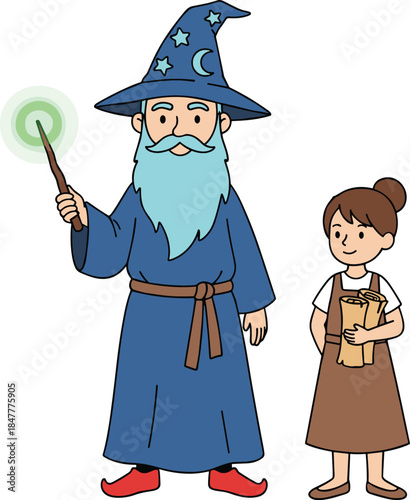 Whimsical hand-drawn style characters: a blue-robed magician with a starry hat and a smiling female companion holding a book or package.
