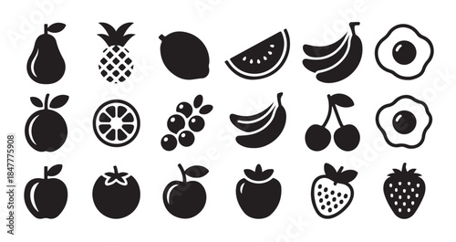 Set of black silhouette fruit and vegetable icons perfect for food-related design projects