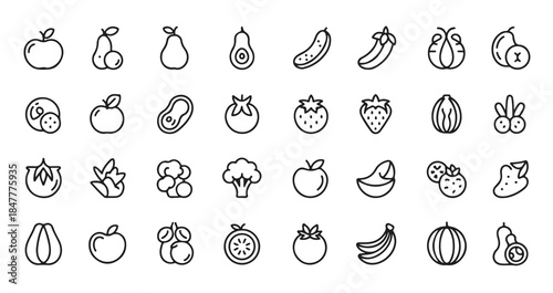 Large collection of diverse fruit and vegetable outline icons for various design applications