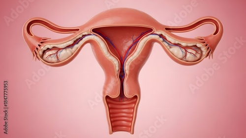 Highly detailed 3D medical visualization of the human uterus during ovulation phase, featuring thickened endometrium, increased blood supply, and optimal implantation environment. Soft pink clinical b